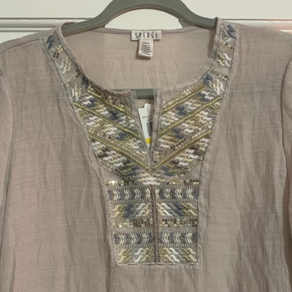 NWT SPENSE TOP FOR WOMEN Sz:M TAN LIGHTWEIGHT SHARK BITE HEM WITH SMALL SLITS - Picture 5 of 7